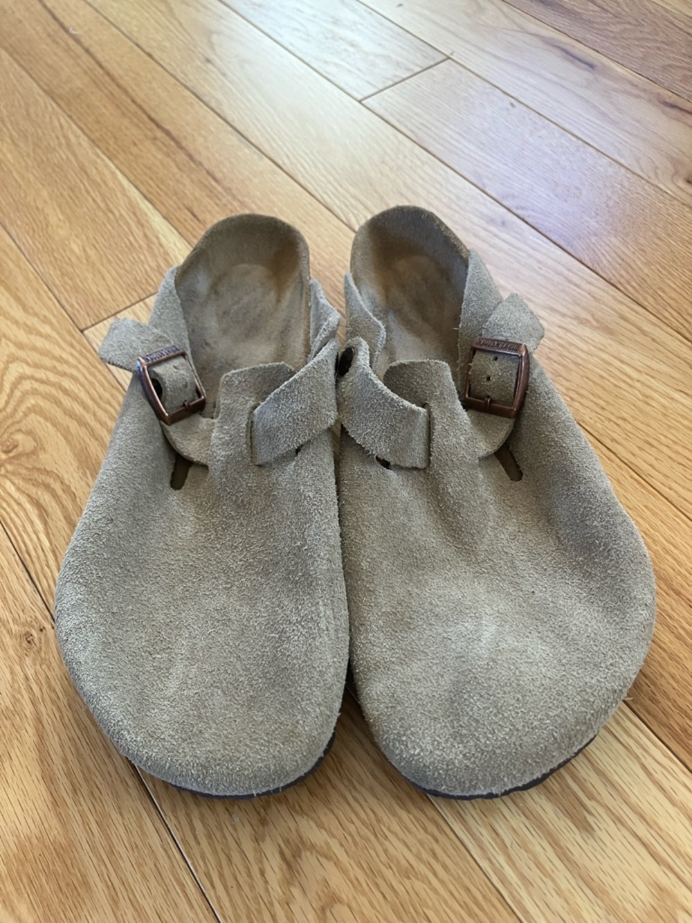 Birkenstock Boston Taupe Suede Clogs